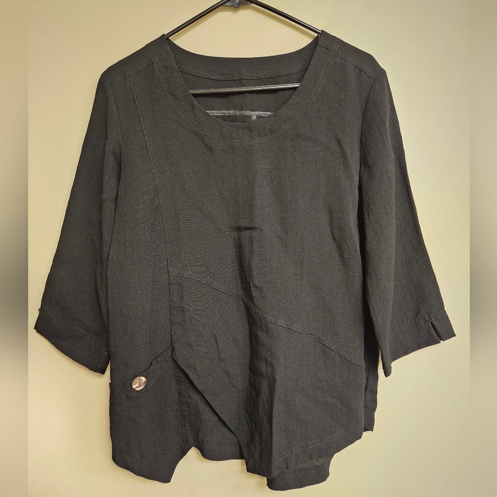 Fridaze 100% Linen Pullover Tunic Top Asymmetrical Hemline Black Lagenlook